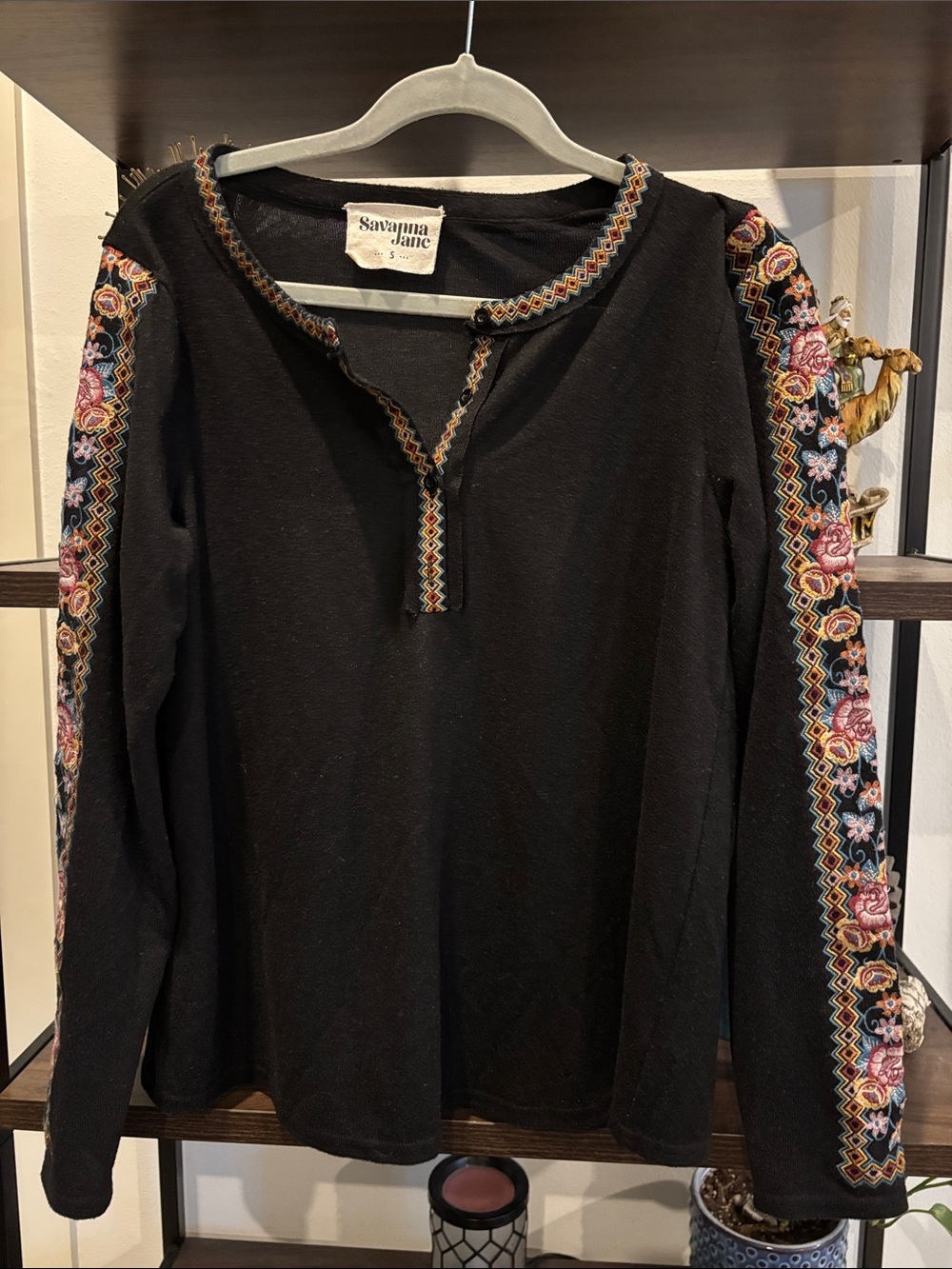 Savanna Jane Black Long Sleeve Top with Multicolor Floral Sleeve Embroidery Smal